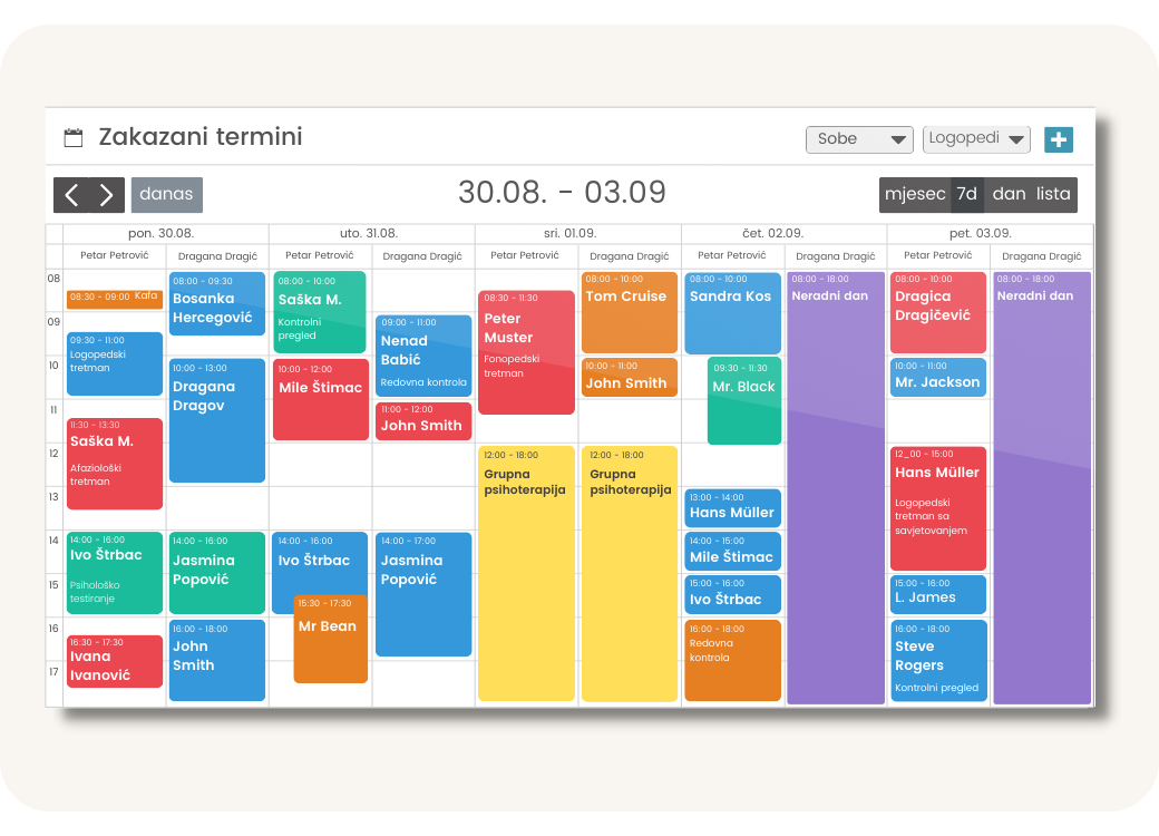 Calendar for scheduling appointments with clients and doctors